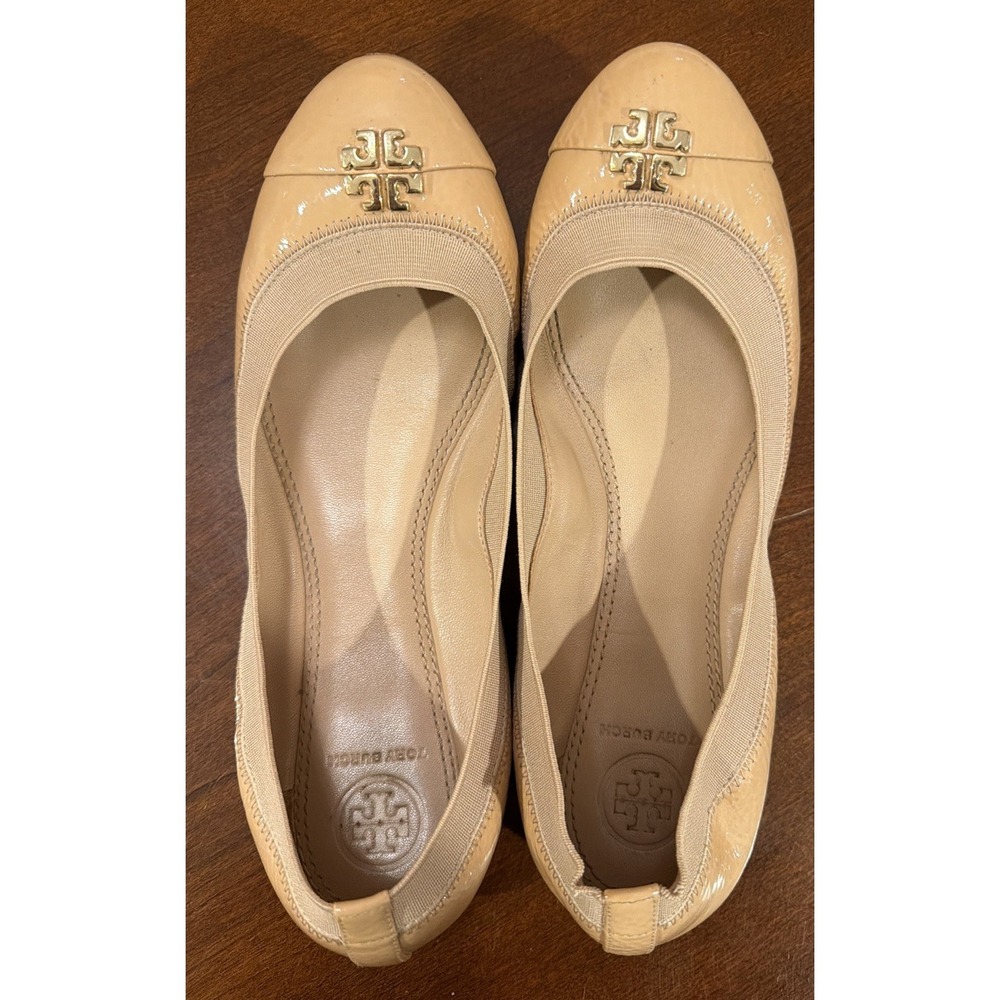 Tory Burch Jolie Ballet Flats Patent Leather Cap Toe Light Oak Womens US 7.5